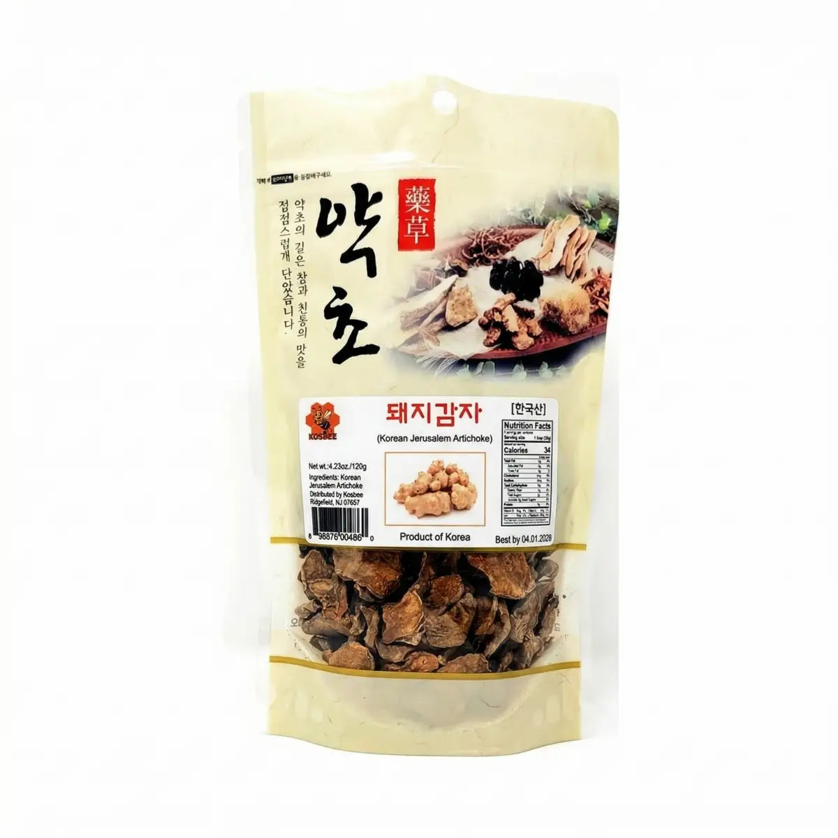 KOSBEE Premium Korean Jerusalem Artichoke Tea, 4.23 oz bag of roasted sunchoke slices for prebiotic inulin benefits.