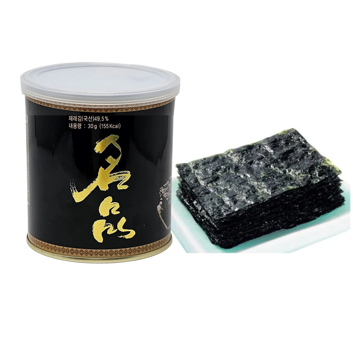Korean roasted seasoned laver (Gwangcheon gim) — jaerae gim sheets beside the open tin can, 1.06 oz — Product of Korea (광천김)