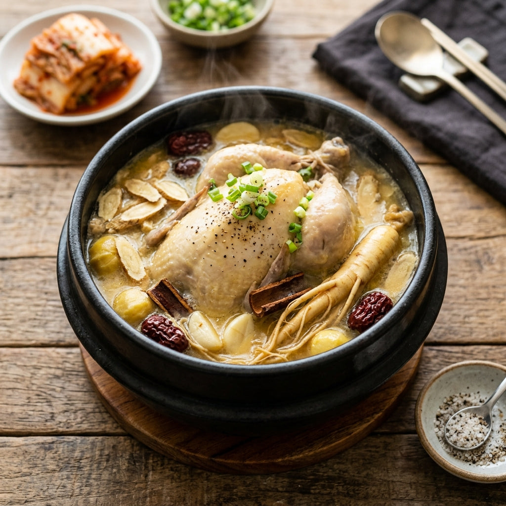 Korean samgyetang herbs — hwanggi samgyetang simmered in an earthenware pot with whole chicken and herbs