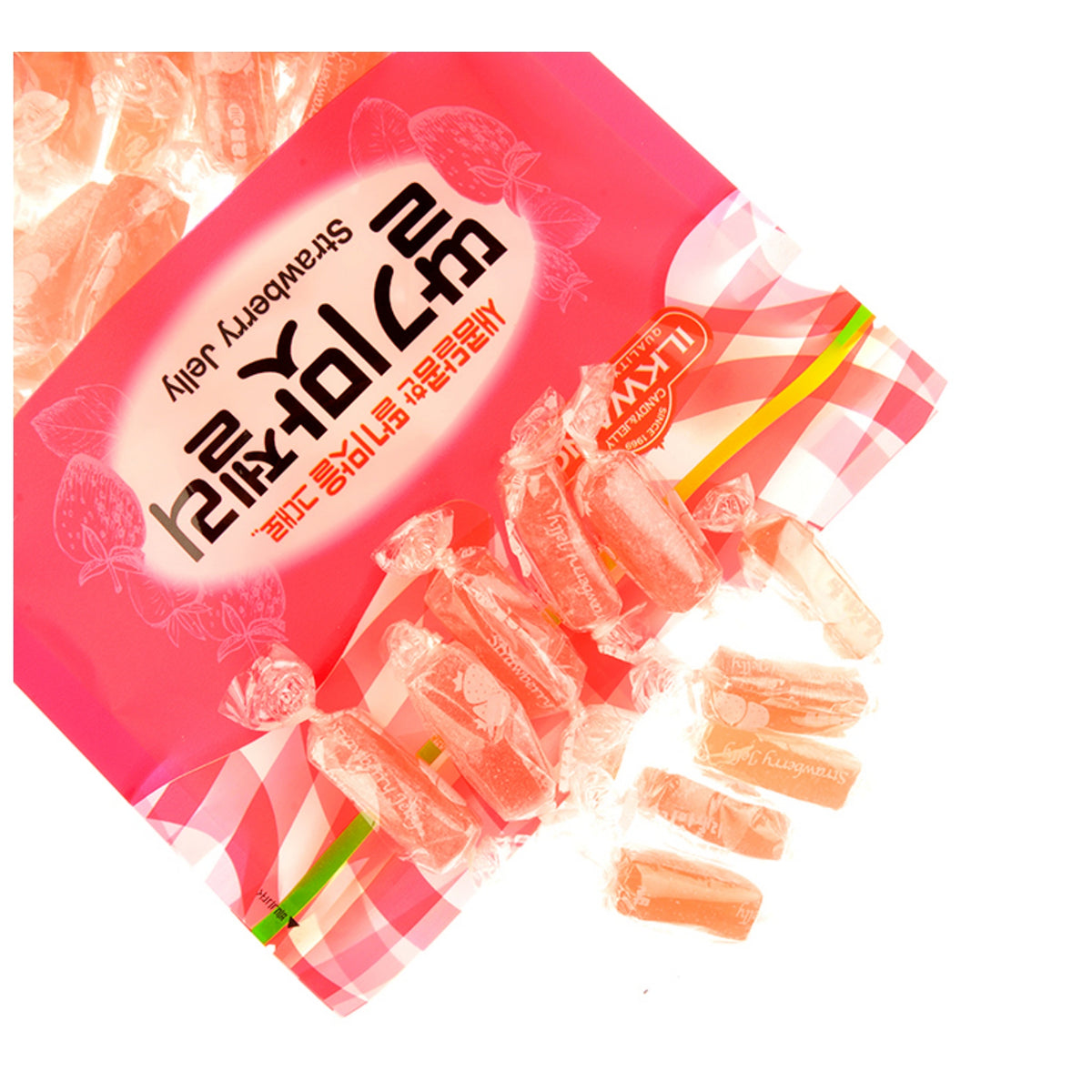 Korean strawberry jelly — wrapped agar jelly pieces spilling from the opened bag