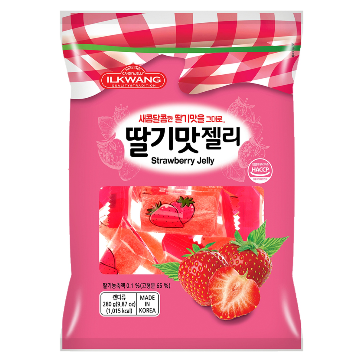 Korean strawberry jelly (chewy agar candy) — individually wrapped jellies in pink bag, 9.87 oz — Product of Korea (딸기맛젤리)