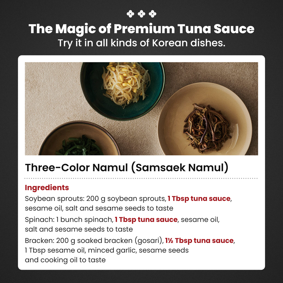 Korean tuna sauce — recipe card for three-color namul (soybean sprouts, spinach, bracken) seasoned with tuna sauce