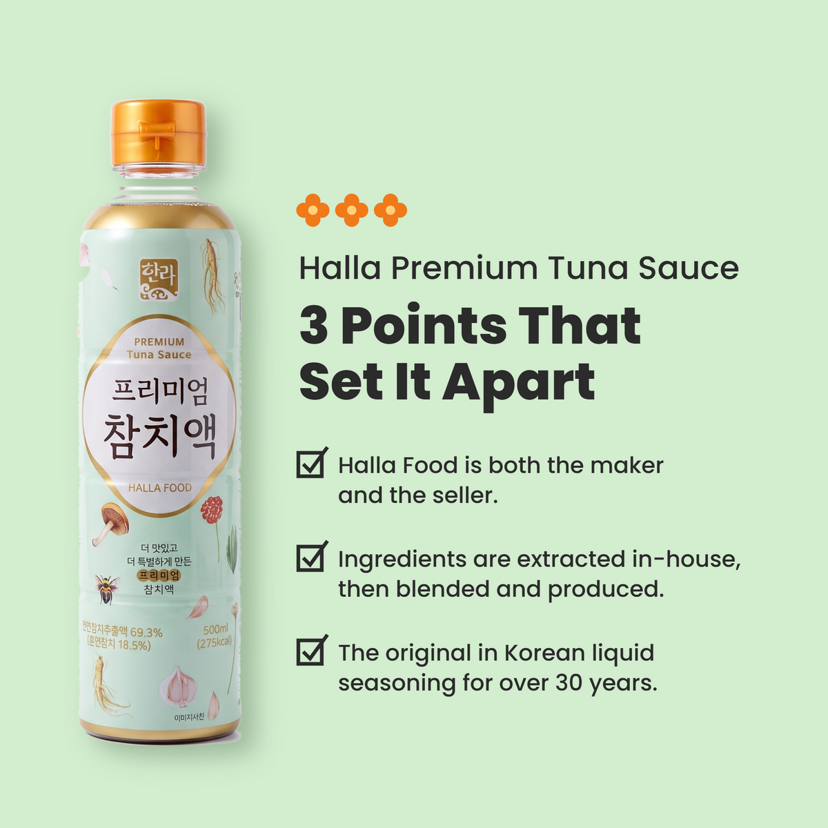 Halla Food brand infographic listing three points about Halla Premium Tuna Sauce, next to the 500 ml bottle