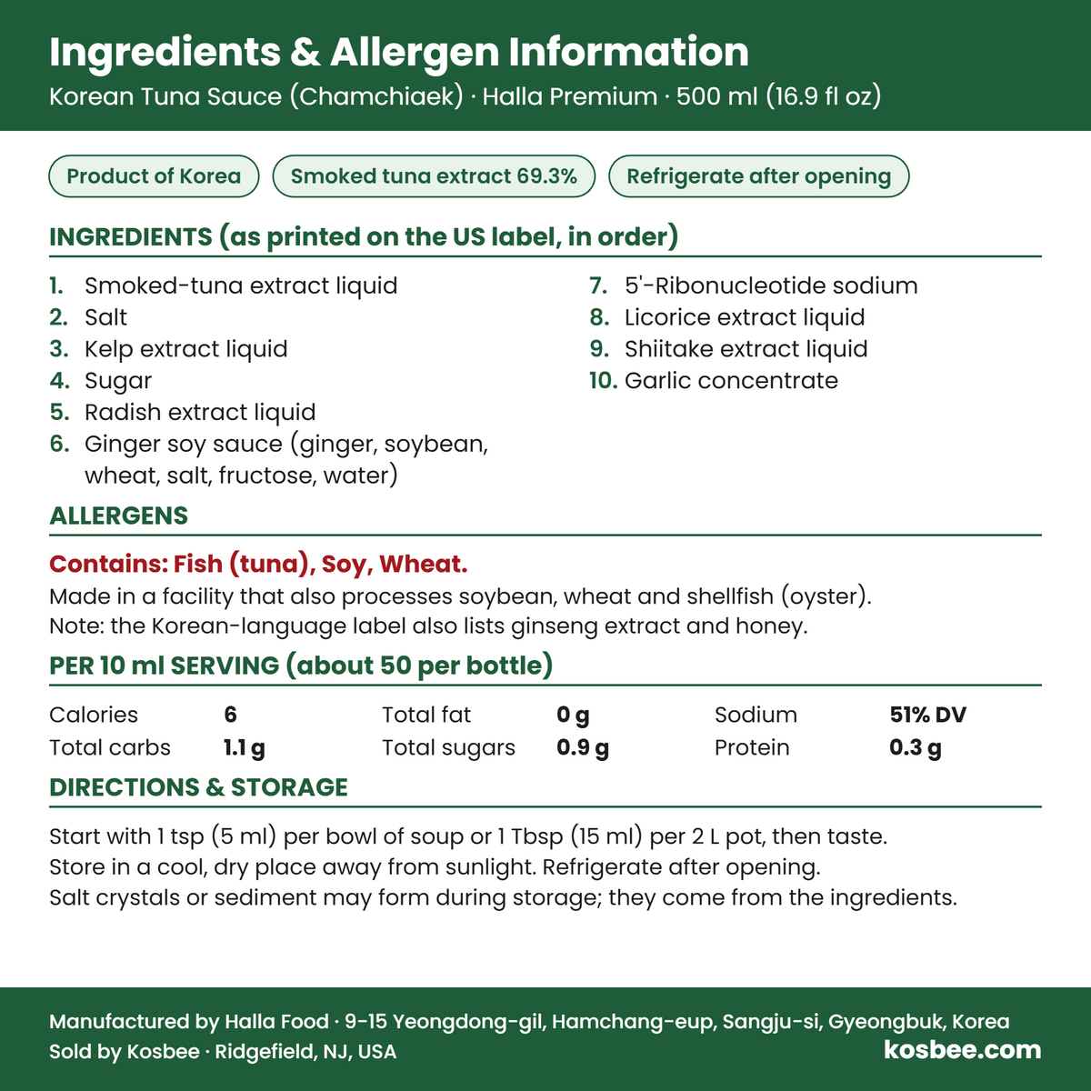 Korean tuna sauce (chamchiaek) — ingredients and allergen panel, 16.9 fl oz