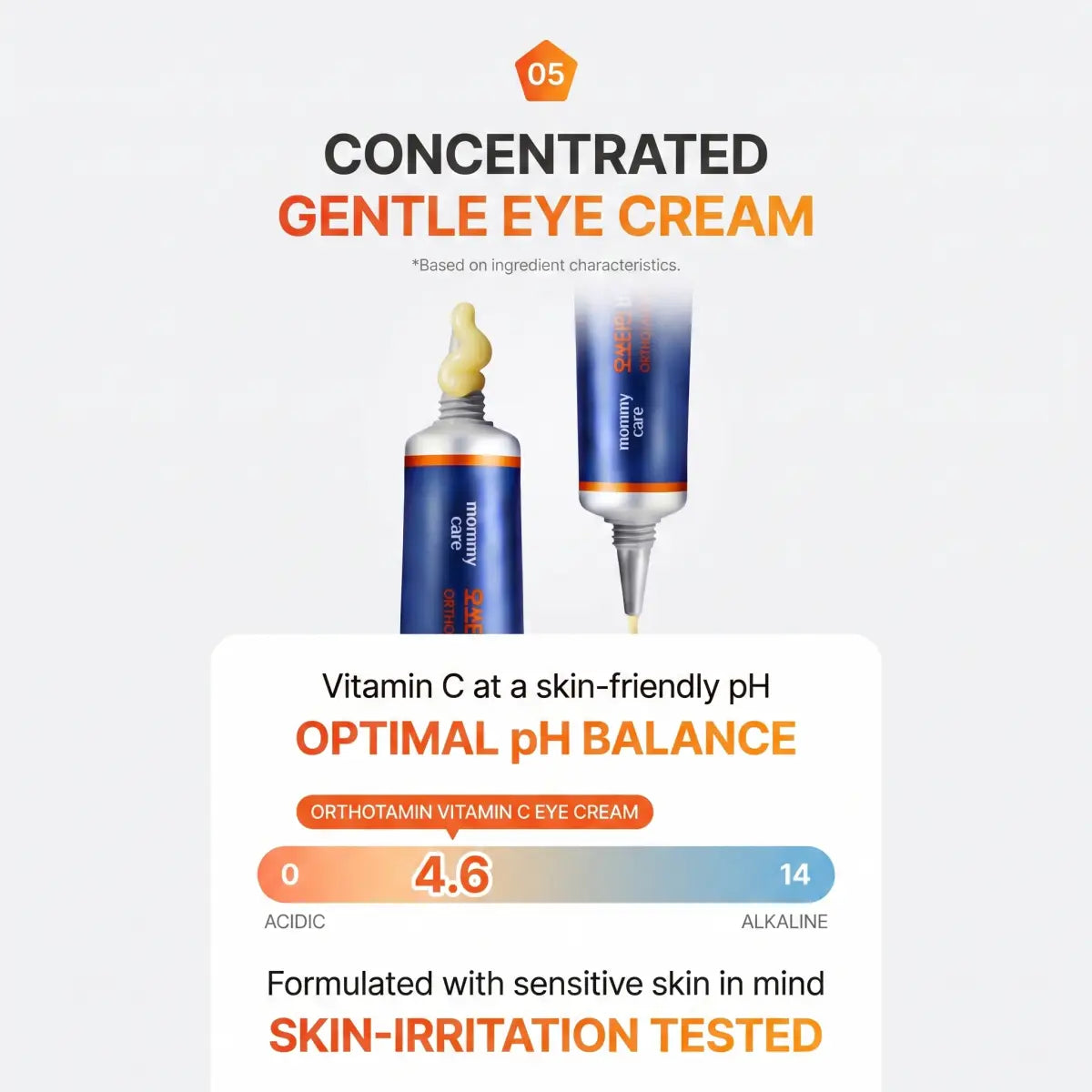Orthotamin vitamin C eye cream texture on the metal tip with pH 4.6 scale — skin-irritation tested