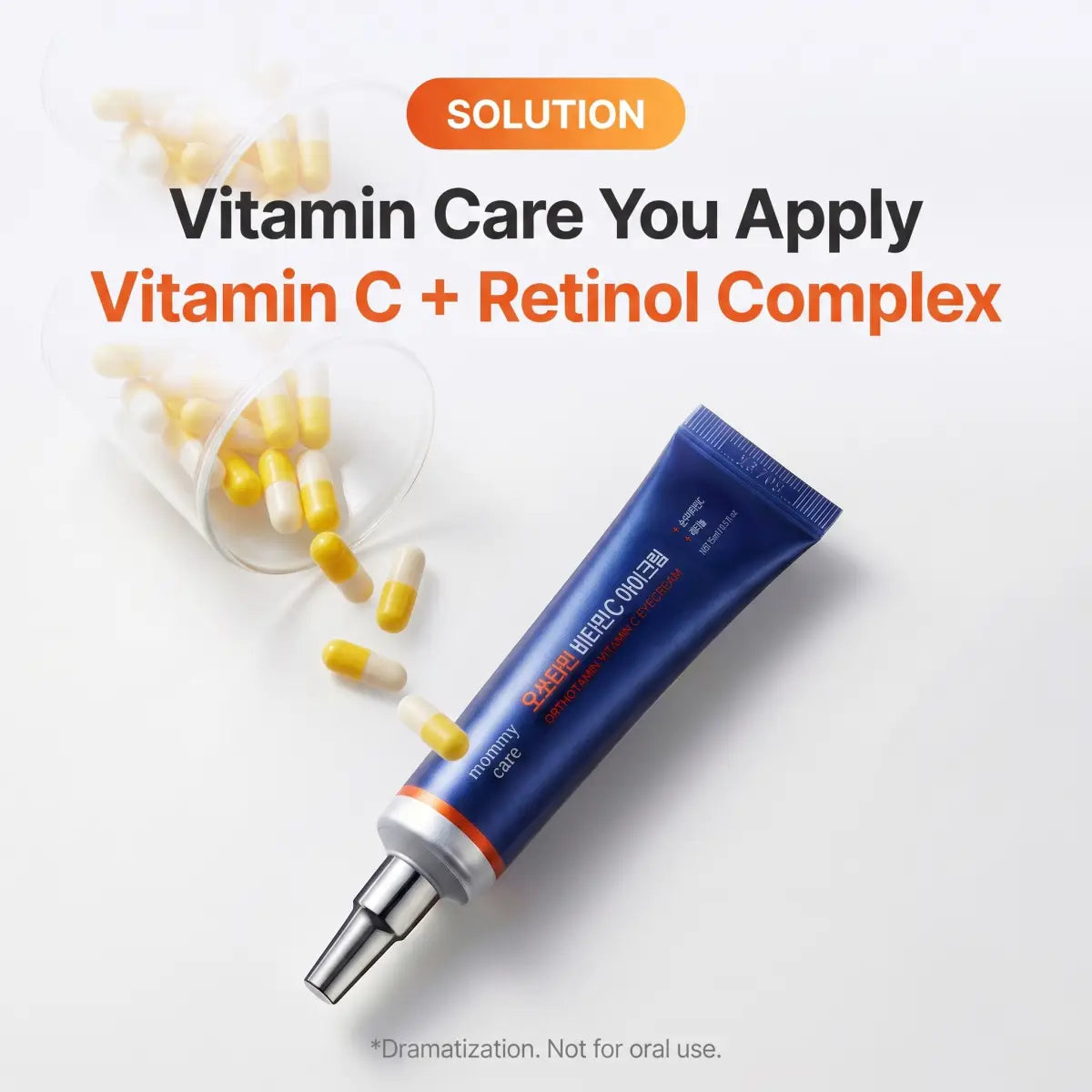 Orthotamin vitamin C eye cream tube beside vitamin capsules — vitamin C and retinol complex for the eye area