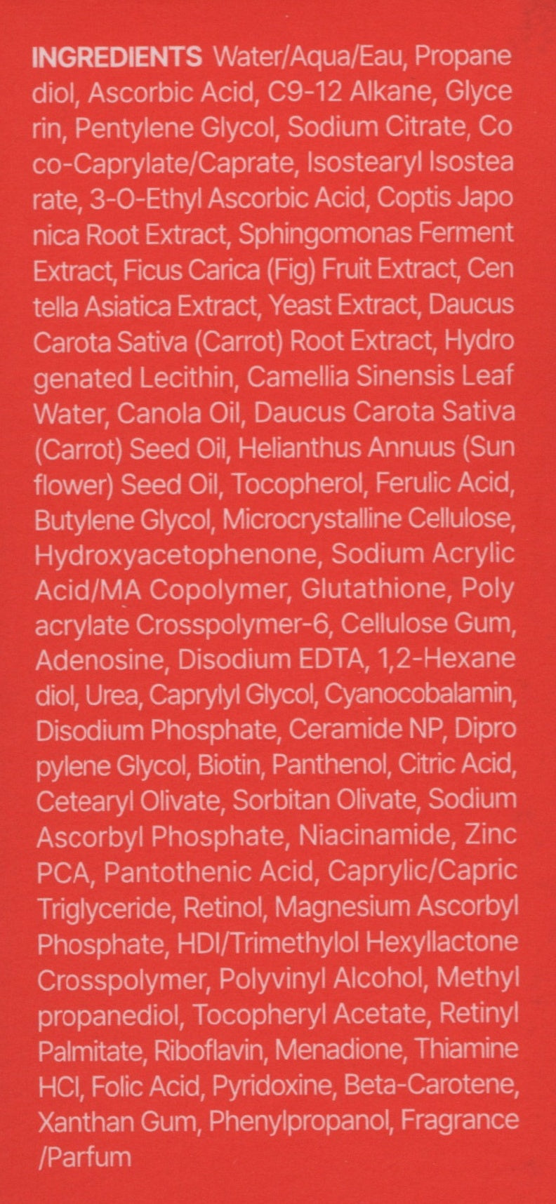Korean vitamin C serum — English INCI ingredient list printed on the carton