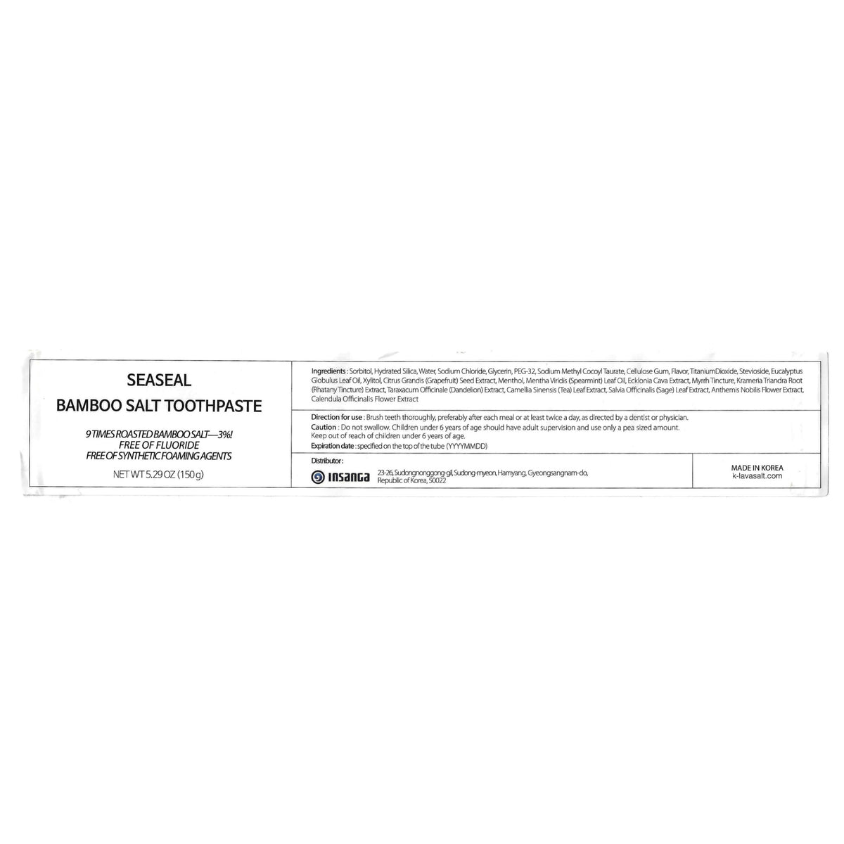 Korean bamboo salt toothpaste — back label with INCI list (Korean/English)