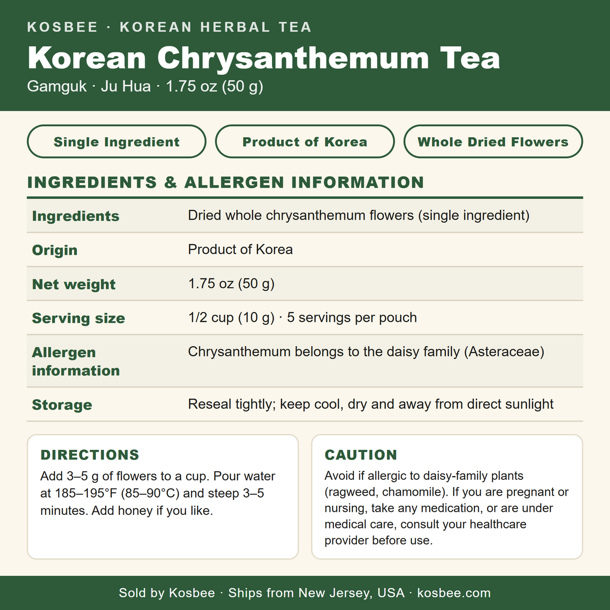 Korean chrysanthemum tea (gamguk) — ingredients and allergen panel, 1.75 oz