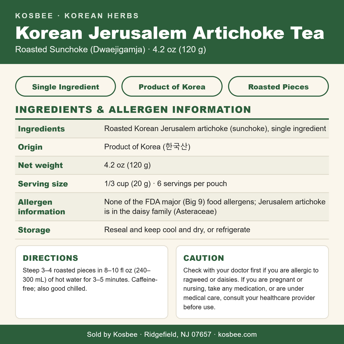 Korean Jerusalem Artichoke Tea — ingredients and allergen panel, 4.2 oz