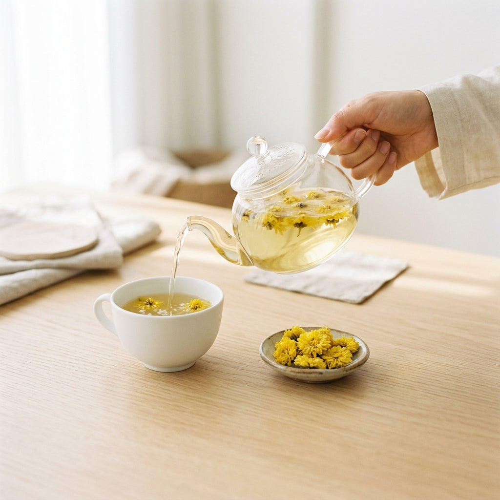 Korean chrysanthemum tea — gamguk flower tea poured from a glass teapot into a white cup, bright natural light