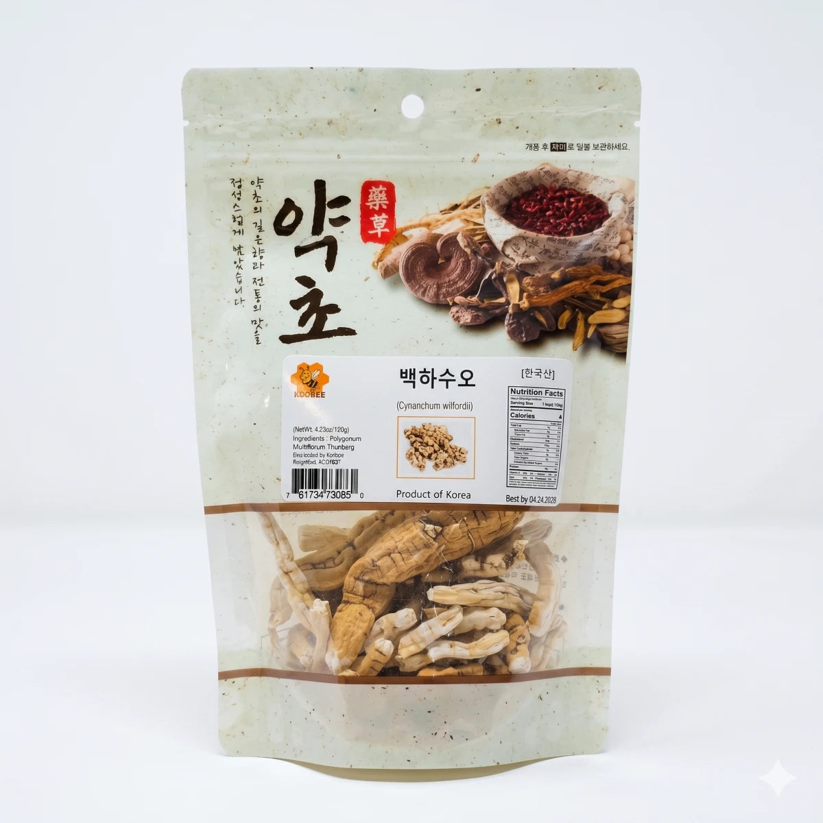 Kosbee Korean Cynanchum wilfordii root (백하수오) in a resealable pouch, designed for natural menopause support.