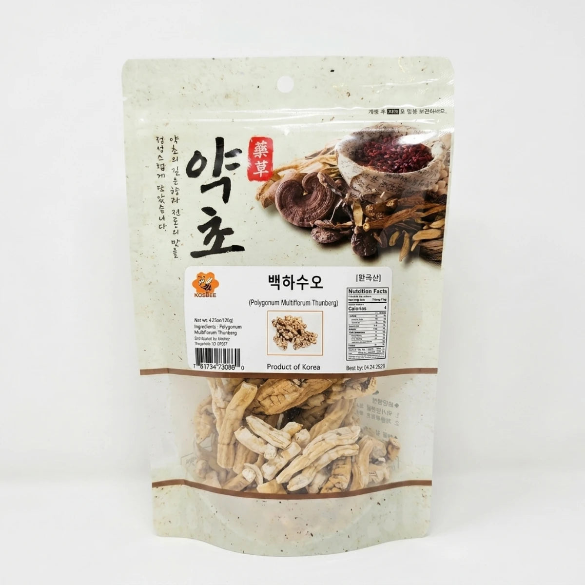 Kosbee's authentic Korean dried Fo-Ti root packaging. Pure Polygonum Multiflorum for a grounding, restorative daily herbal tea.