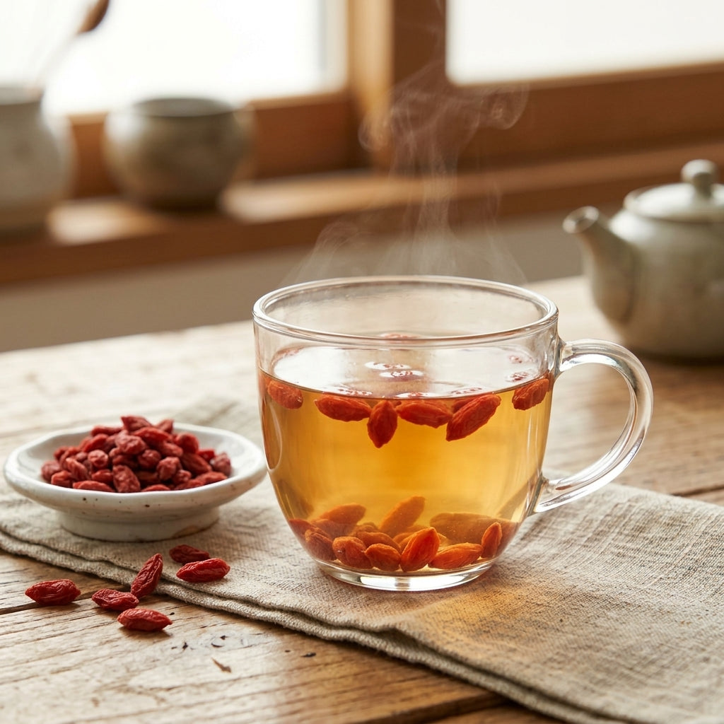 Korean goji berries — gugija tea steeped in a glass cup with softened berries and dried goji beside it