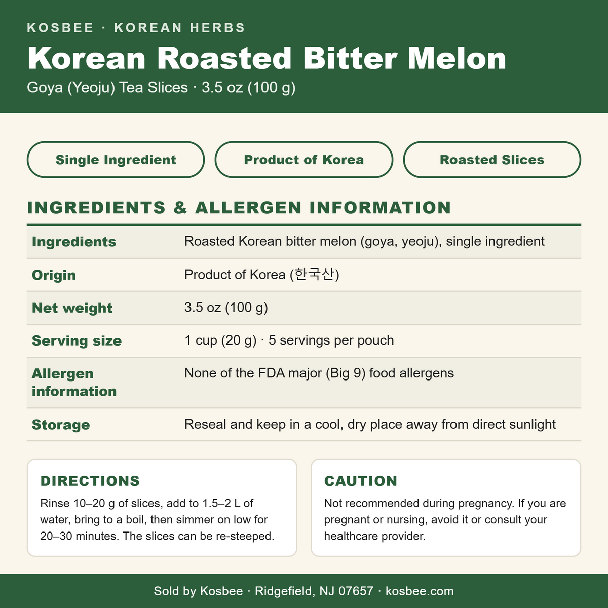 Korean Roasted Bitter Melon — ingredients and allergen panel, 3.5 oz