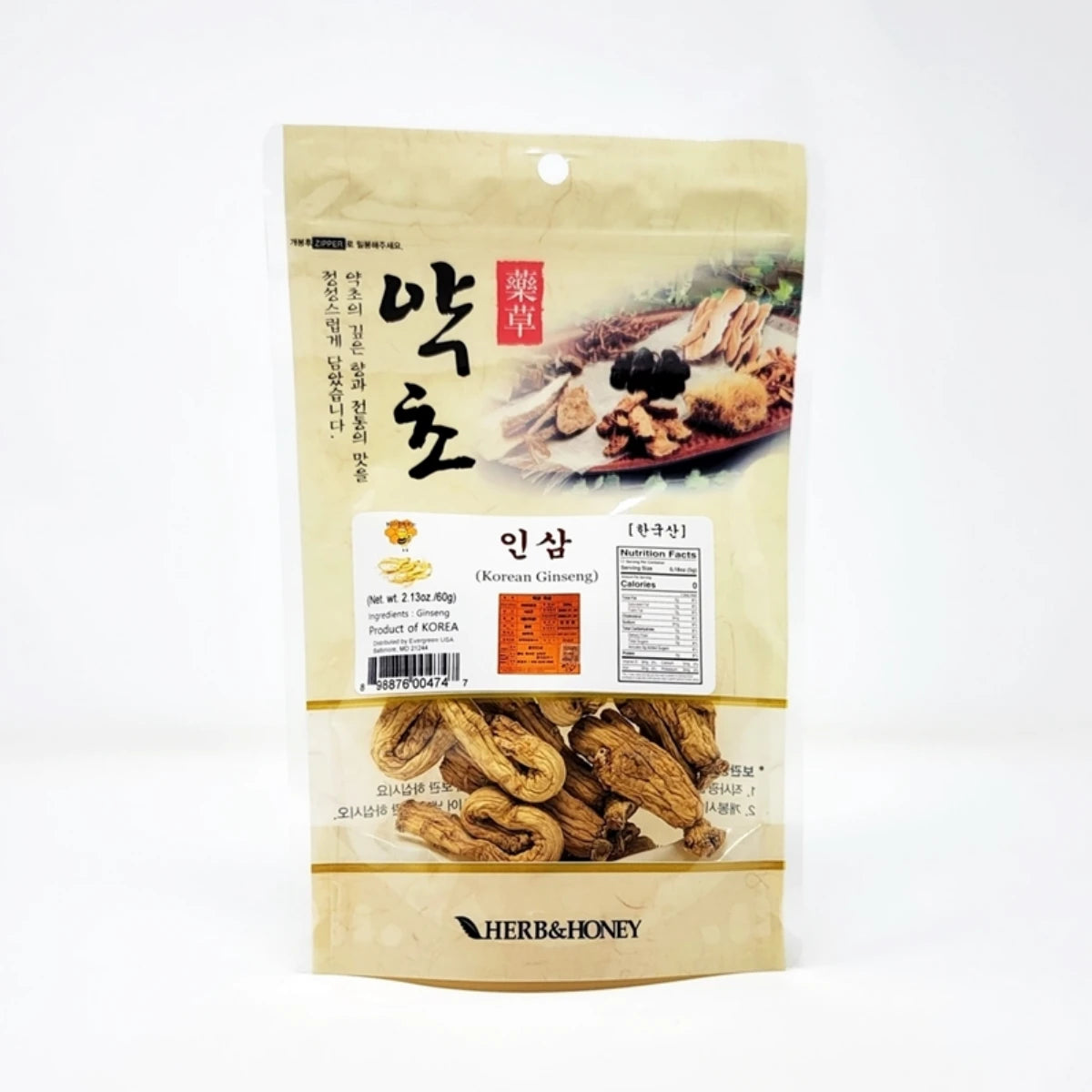 KOSBEE Authentic Korean White Ginseng Root by Sahm, 2.13 oz pouch of whole dried Panax ginseng for natural energy and stamina.