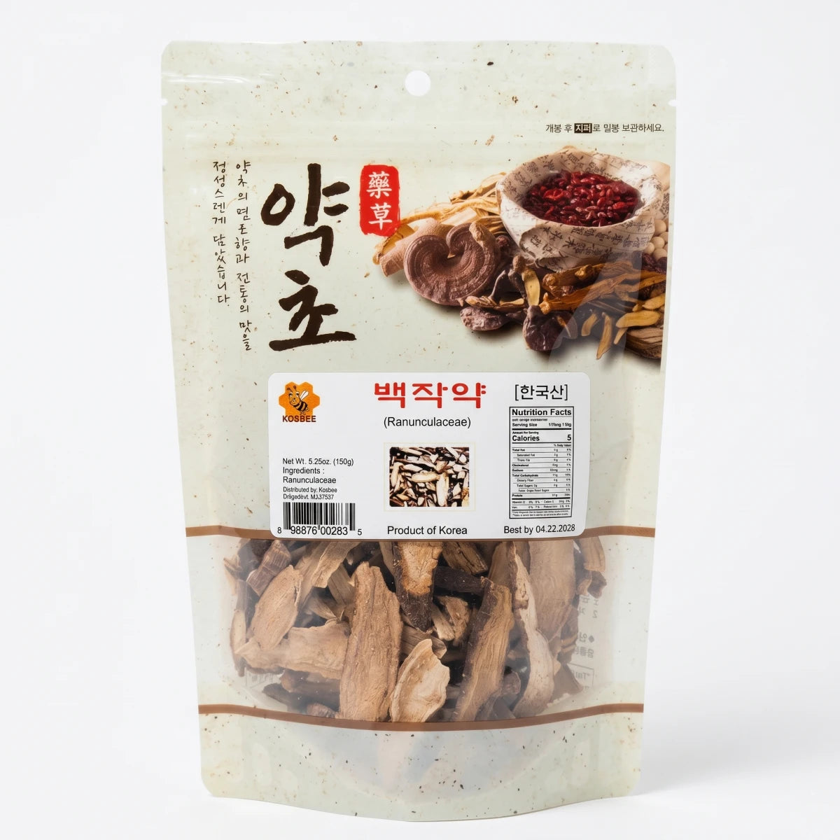 Kosbee Korean White Peony Root packaging for muscle relaxation and natural cycle support. 100% authentic Korean herbs.