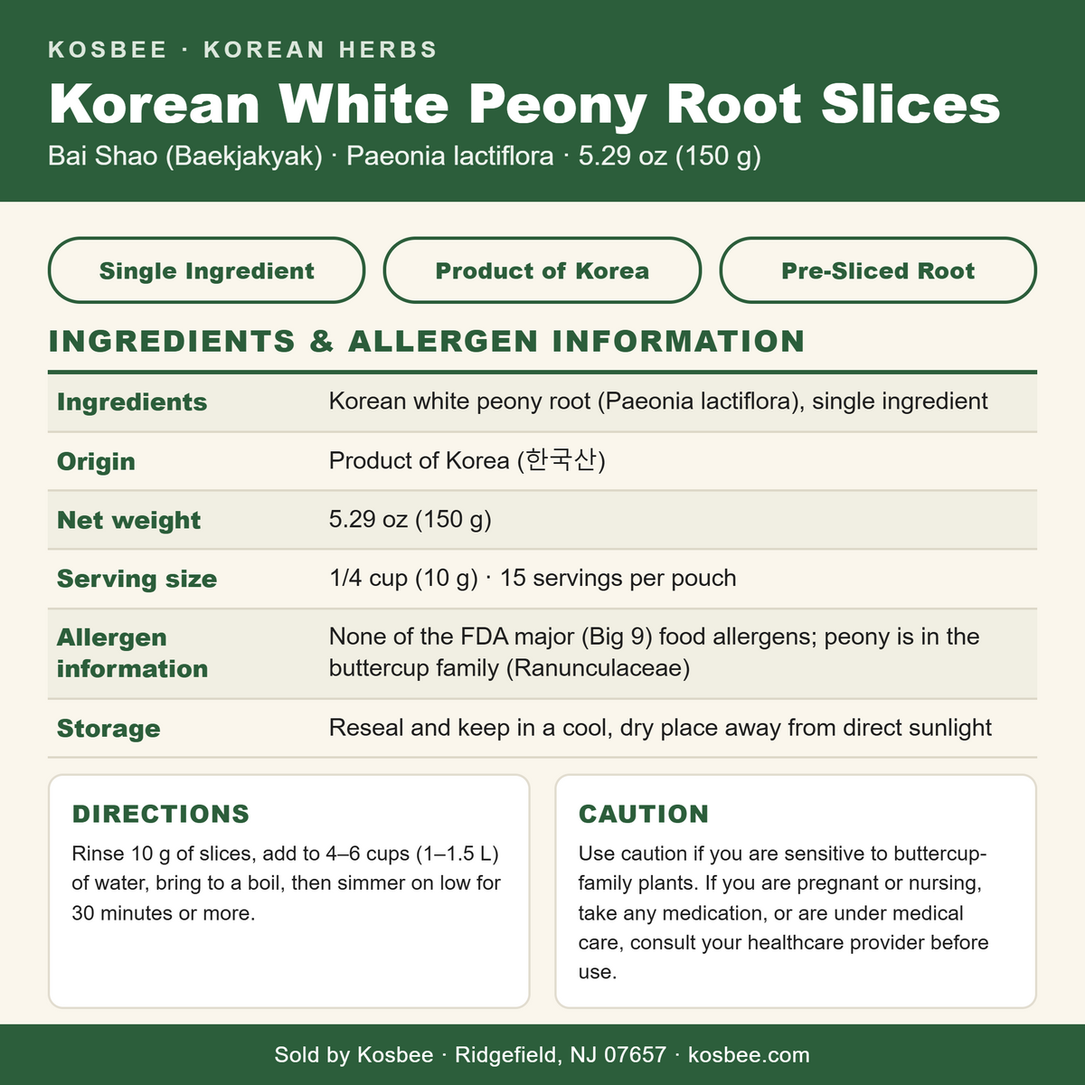 Korean White Peony Root Slices — ingredients and allergen panel, 5.29 oz