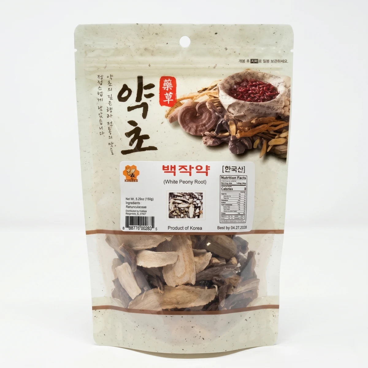 Kosbee premium Korean White Peony Root (백작약) in a resealable pouch, designed for natural muscle relaxation.