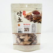 Kosbee premium Korean White Peony Root (백작약) in a resealable pouch, designed for natural muscle relaxation.