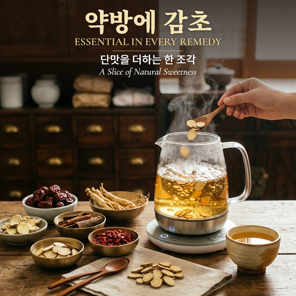 Licorice root slices — added with a wooden spoon to a glass electric tea kettle of brewing licorice tea