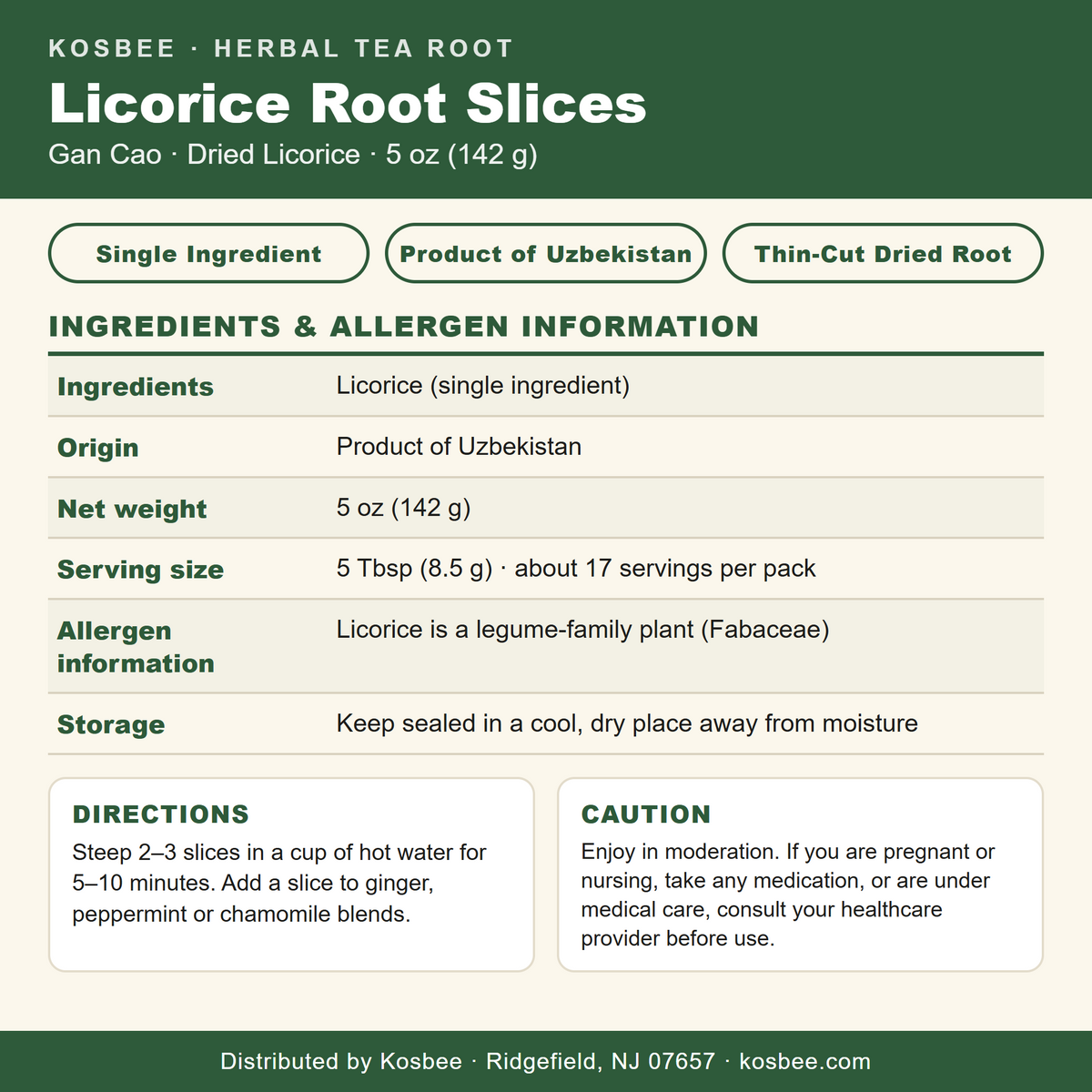 Licorice root slices (gan cao) — ingredients and allergen panel, 5 oz