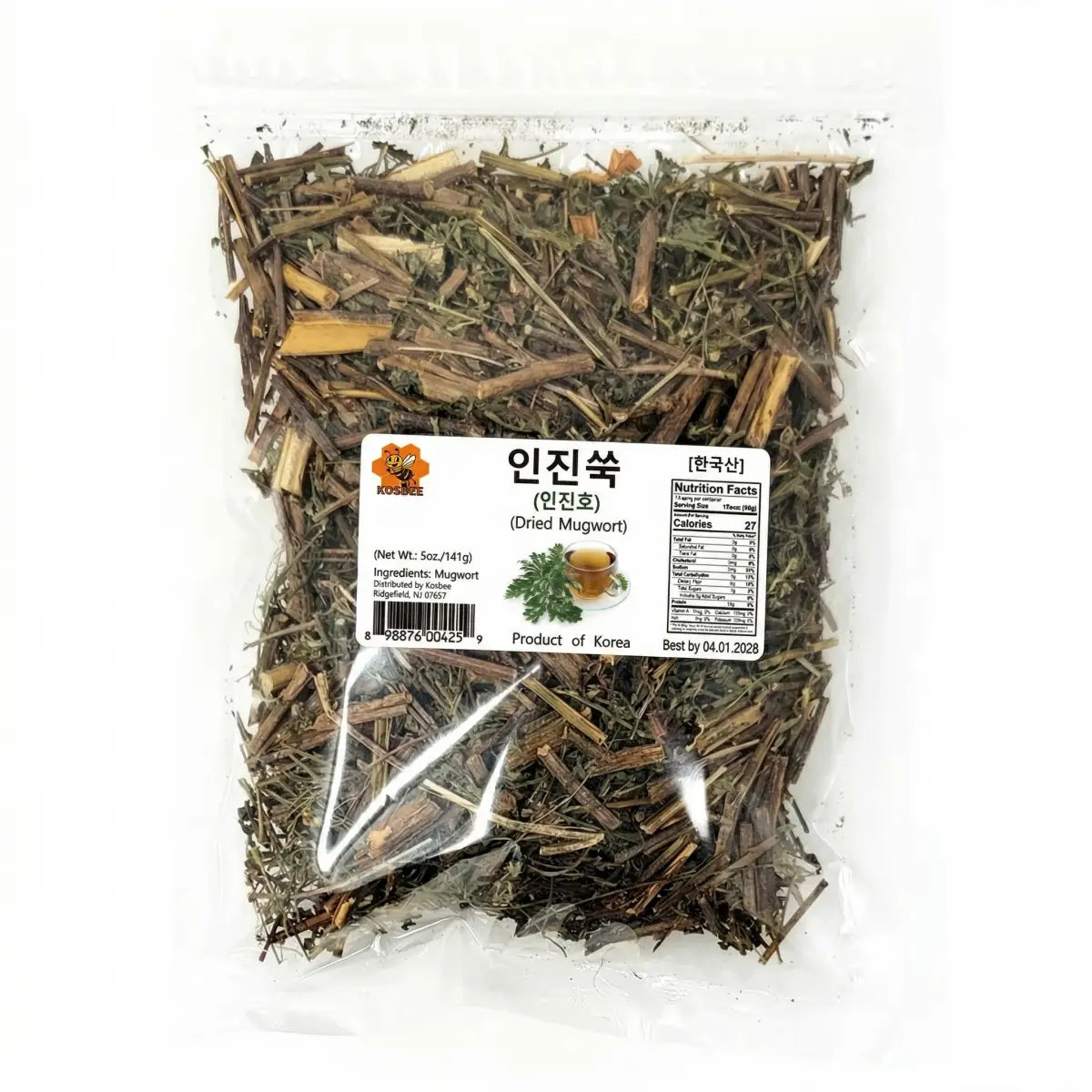 Dried Korean mugwort herb in a 5 oz package by Herb & Honey, shown in a clear image highlighting the dried, leafy herb