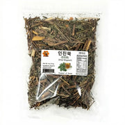 Dried Korean mugwort herb in a 5 oz package by Herb & Honey, shown in a clear image highlighting the dried, leafy herb