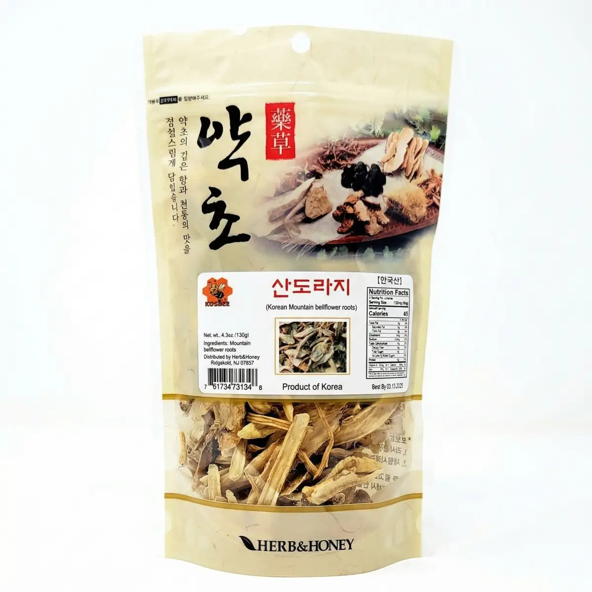 KOSBEE Korean Mountain Bellflower Root 4.23 oz package, showing dried herbs for traditional wellness tea