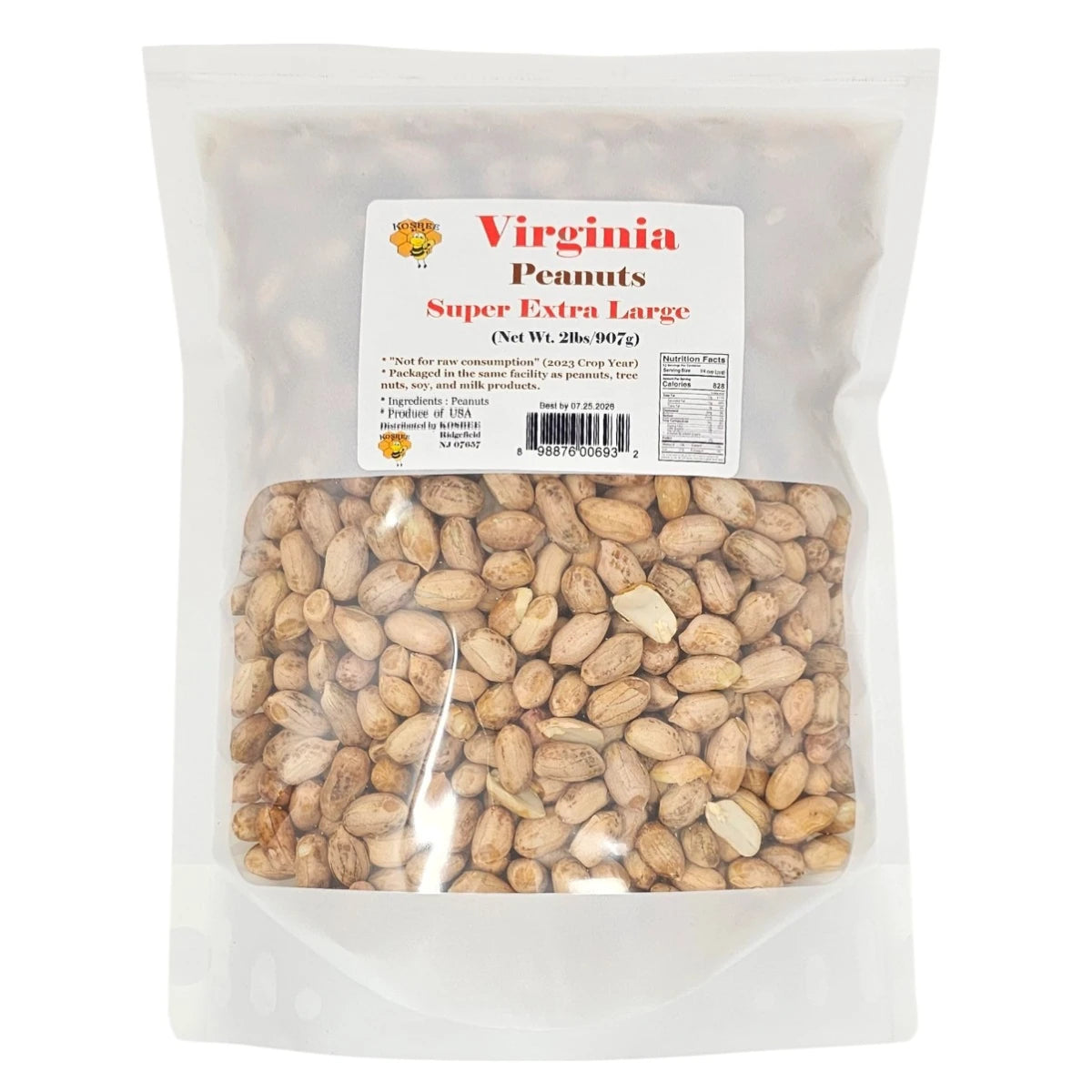 2 lb bag of Kosbee raw Virginia peanuts in super extra large size, perfect for home roasting. 코스비 생 버지니아 땅콩 슈퍼 엑스트라 라지 사이즈 2lbs.