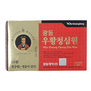 Korean medicine box with red and gold design featuring a portrait and text.