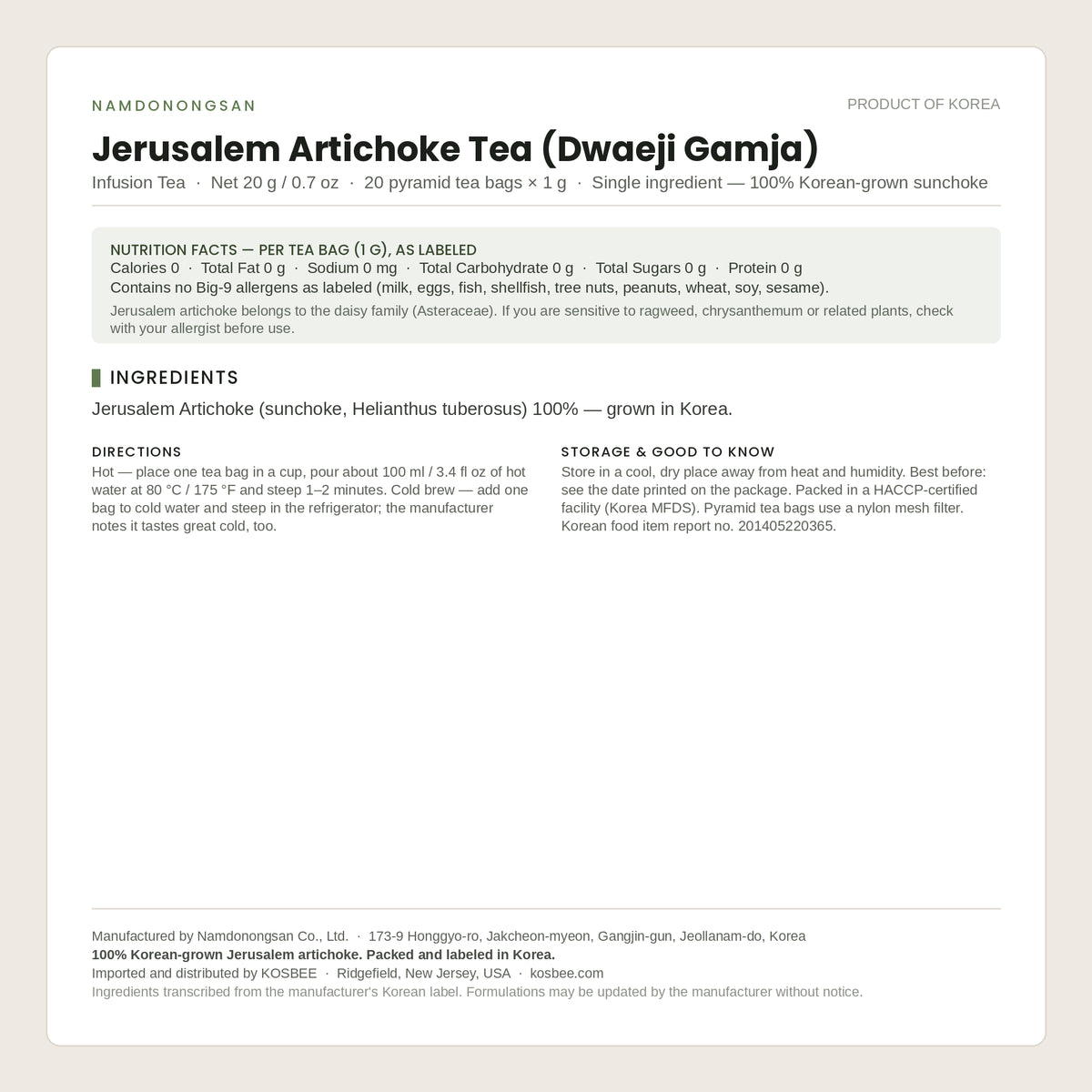 NamDoNongSan Jerusalem Artichoke Tea (Dwaeji Gamja) ingredients panel — 20 g / 0.7 oz, 20 pyramid tea bags × 1 g, 100% Korean-grown sunchoke, Product of Korea
