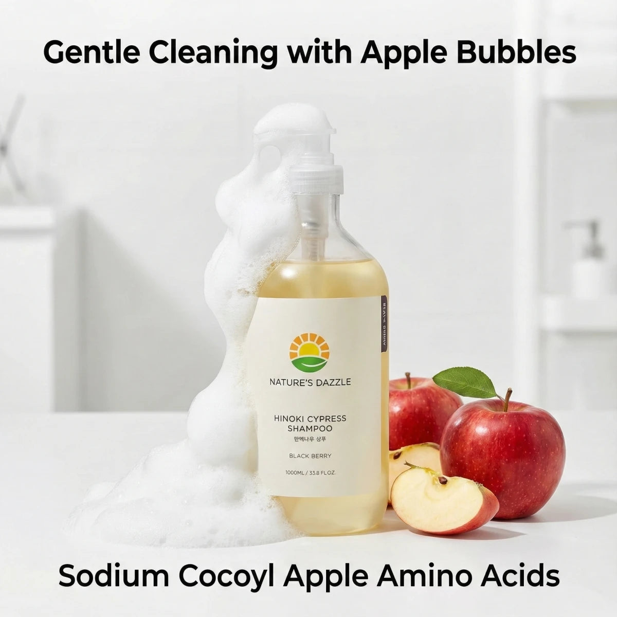 Nature's Dazzle Hinoki Cypress shampoo with black berry and white musk, showing a gentle lather for scalp cleansing in a natural setting.