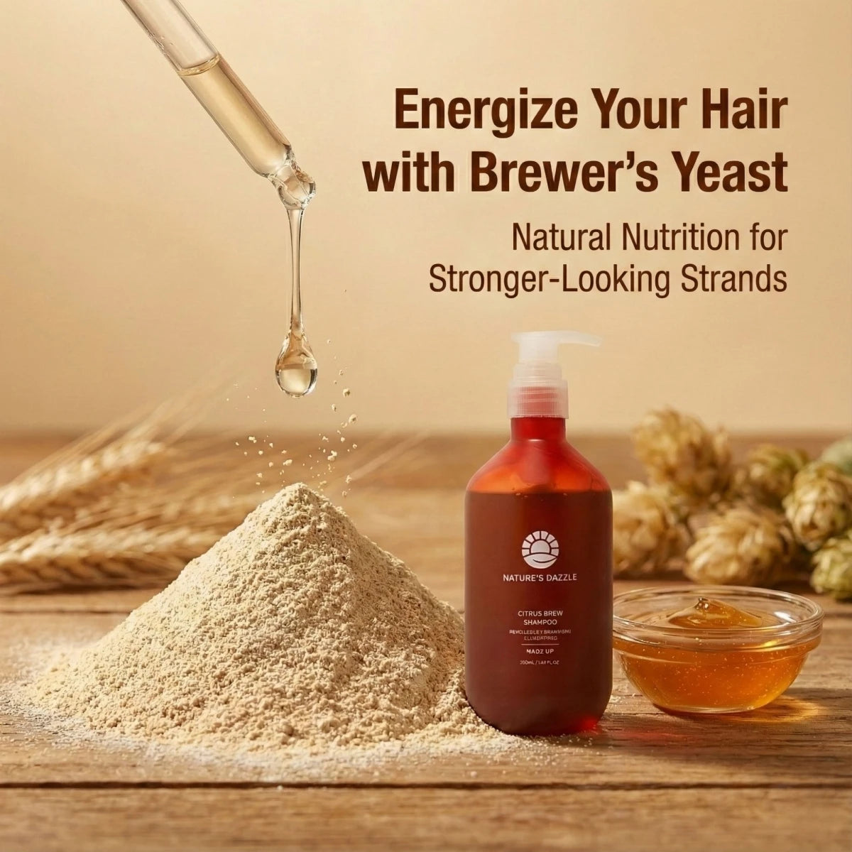 Nature’s Dazzle Citrus Brew Shampoo with biotin for thinning hair, 16.9 oz bottle, natural citrus scent, visible shampoo bottle.