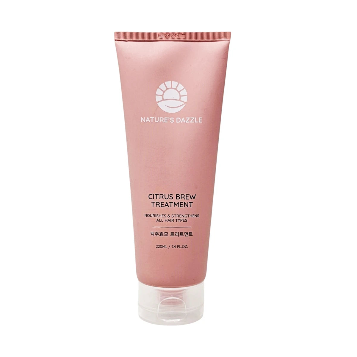 Nature’s Dazzle Citrus Brew Hair Treatment in 7.4 oz bottle, showcasing the treatment container with citrus-themed design.