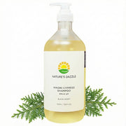 Nature's Dazzle Hinoki Cypress Shampoo bottle featuring black berry and white musk scent, 33.8 fl oz size.