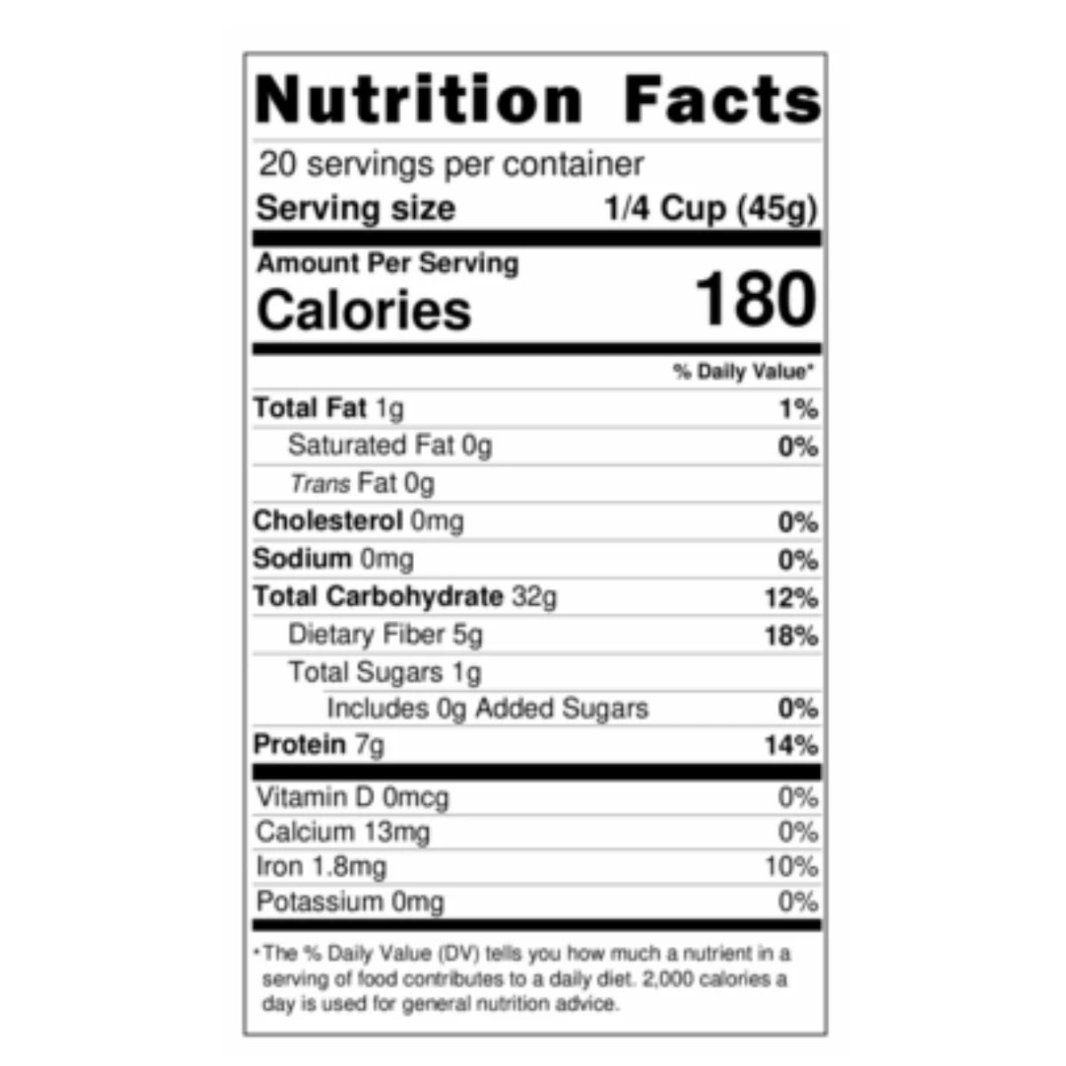 Nutrition facts label for Kosbee organic Khorasan wheat, highlighting 7g of plant-based protein and 5g of dietary fiber per serving. 코스비 유기농 호라산 밀 영양성분표.