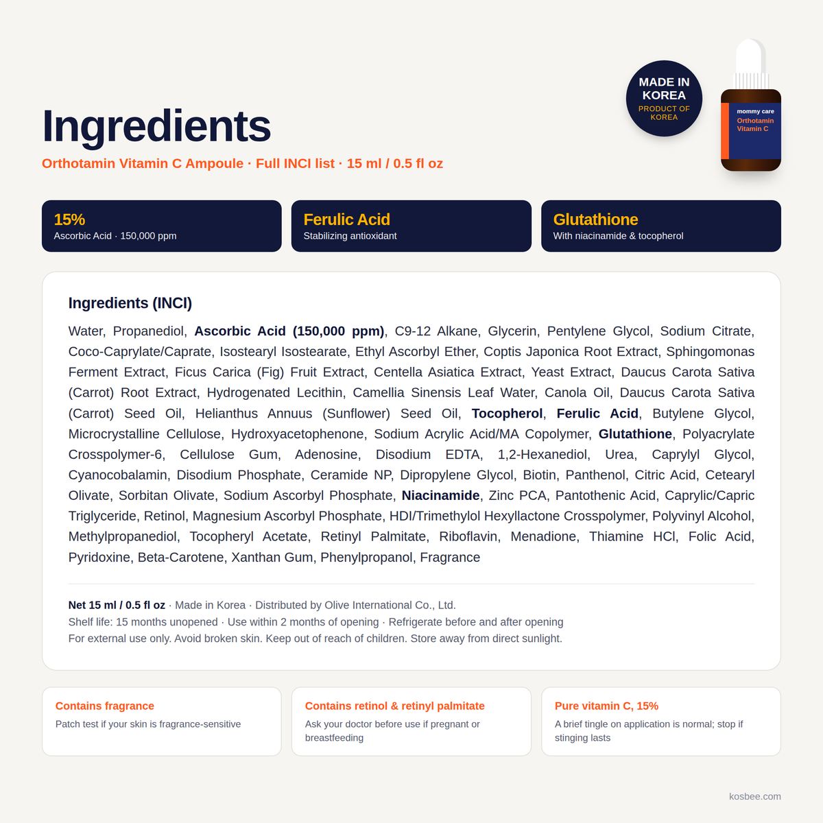Orthotamin vitamin C ampoule full ingredients list (INCI) — ascorbic acid 15%, ferulic acid, glutathione, fragrance, made in Korea