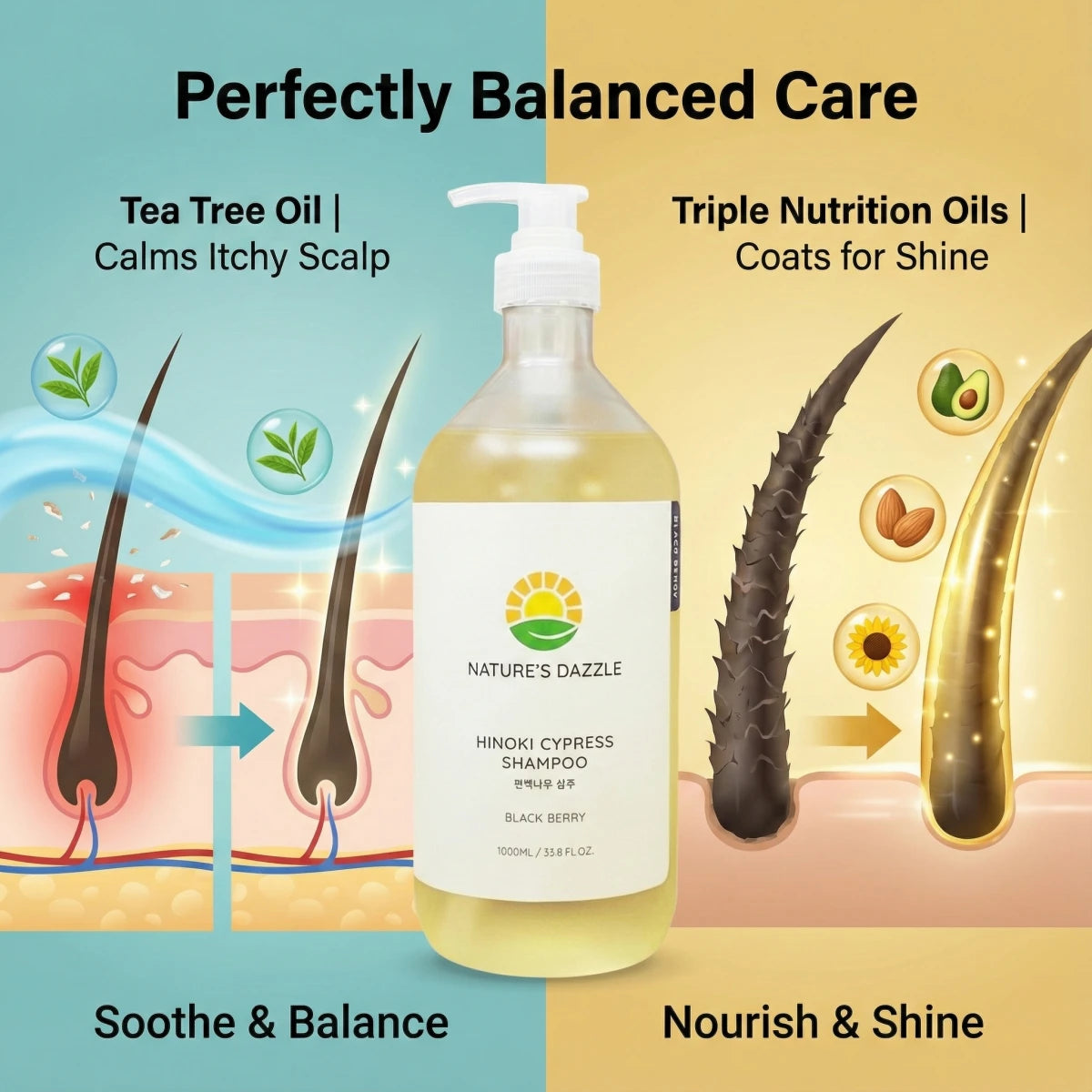 Nature's Dazzle Hinoki Cypress Shampoo with Blackberry and White Musk, 33.8 fl oz, for sensitive, dry scalp health.