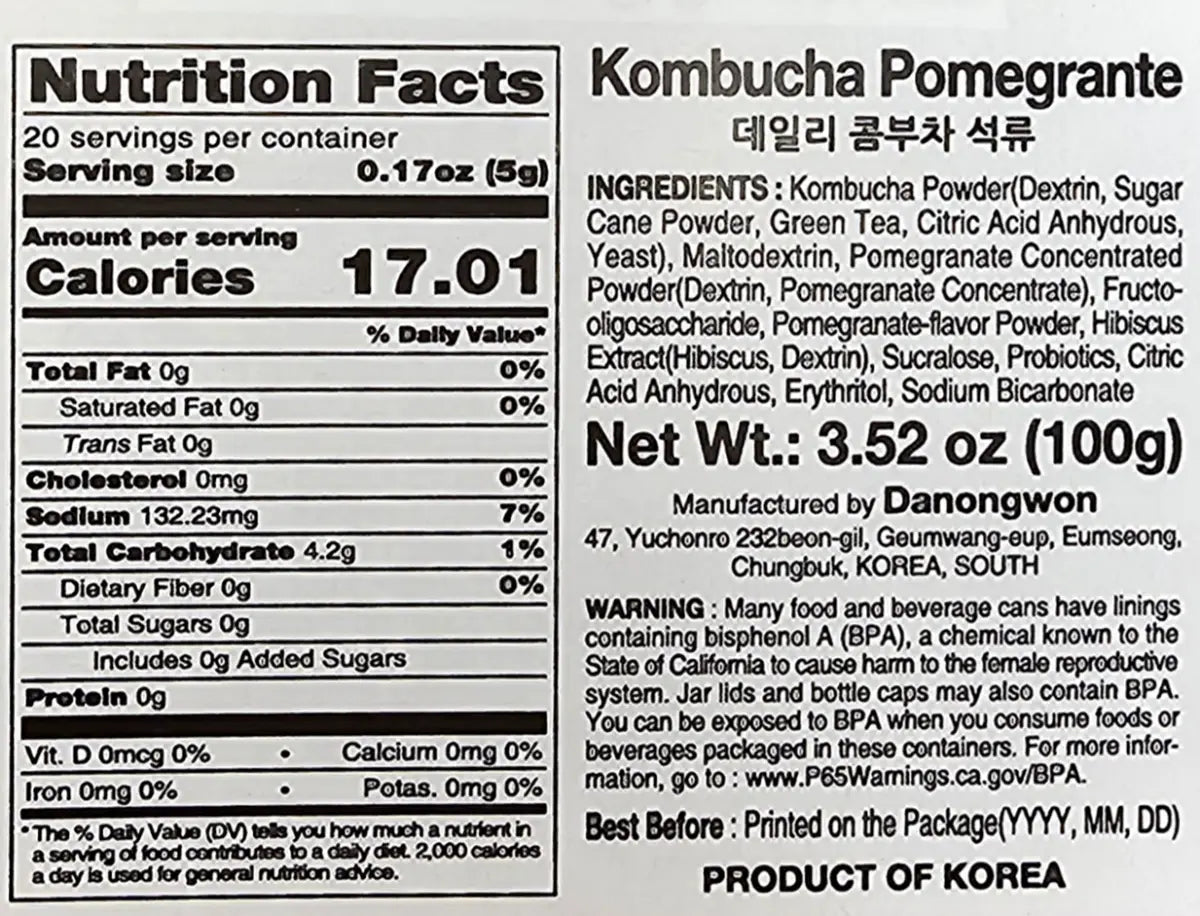 Danongwon Daily Kombucha Pomegranate tea sticks with pomegranate flavor, nutrition facts, and ingredients on the packaging.