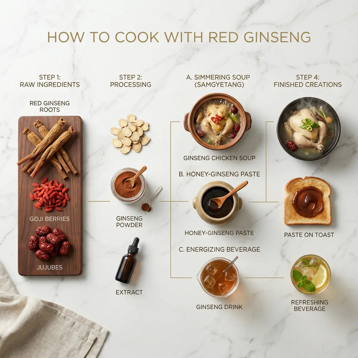 Dried Korean white ginseng root from Sahm, shown as a premium Canadian supplement in infographic format.