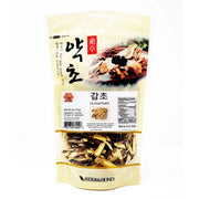 Premium sliced Chinese Licorice Root (Gamcho) in a 5oz pack, a natural sweet harmonizer for herbal tea and wellness recipes.