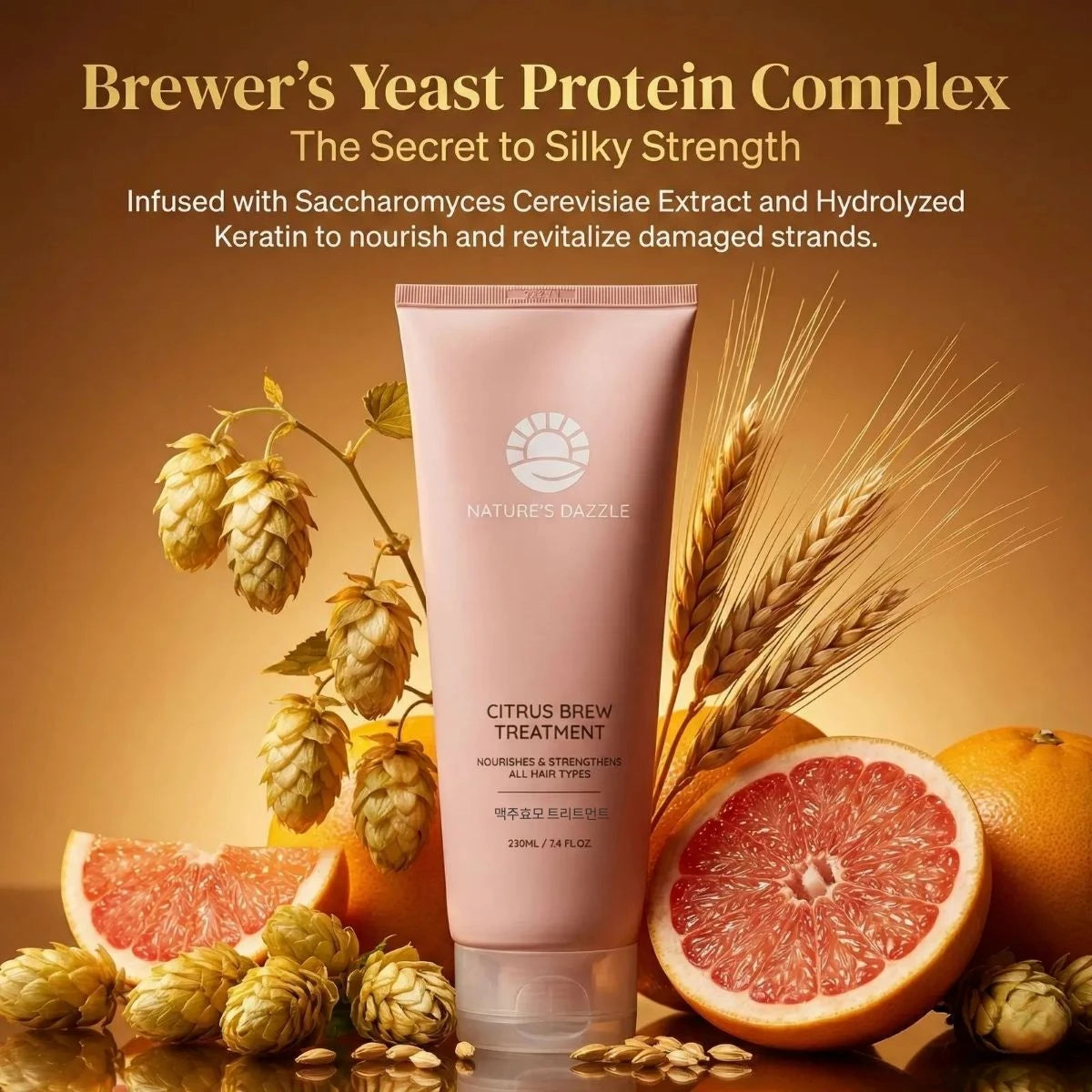 Nature’s Dazzle Citrus Brew Hair Treatment, 7.4 oz, featuring a deep repair hair mask with quad protein ingredients.