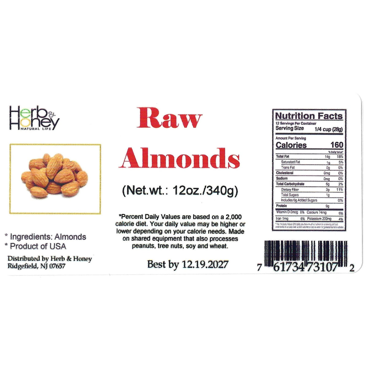 Herb & Honey raw almonds back label — ingredients, Nutrition Facts, Product of USA, 12 oz (340 g)