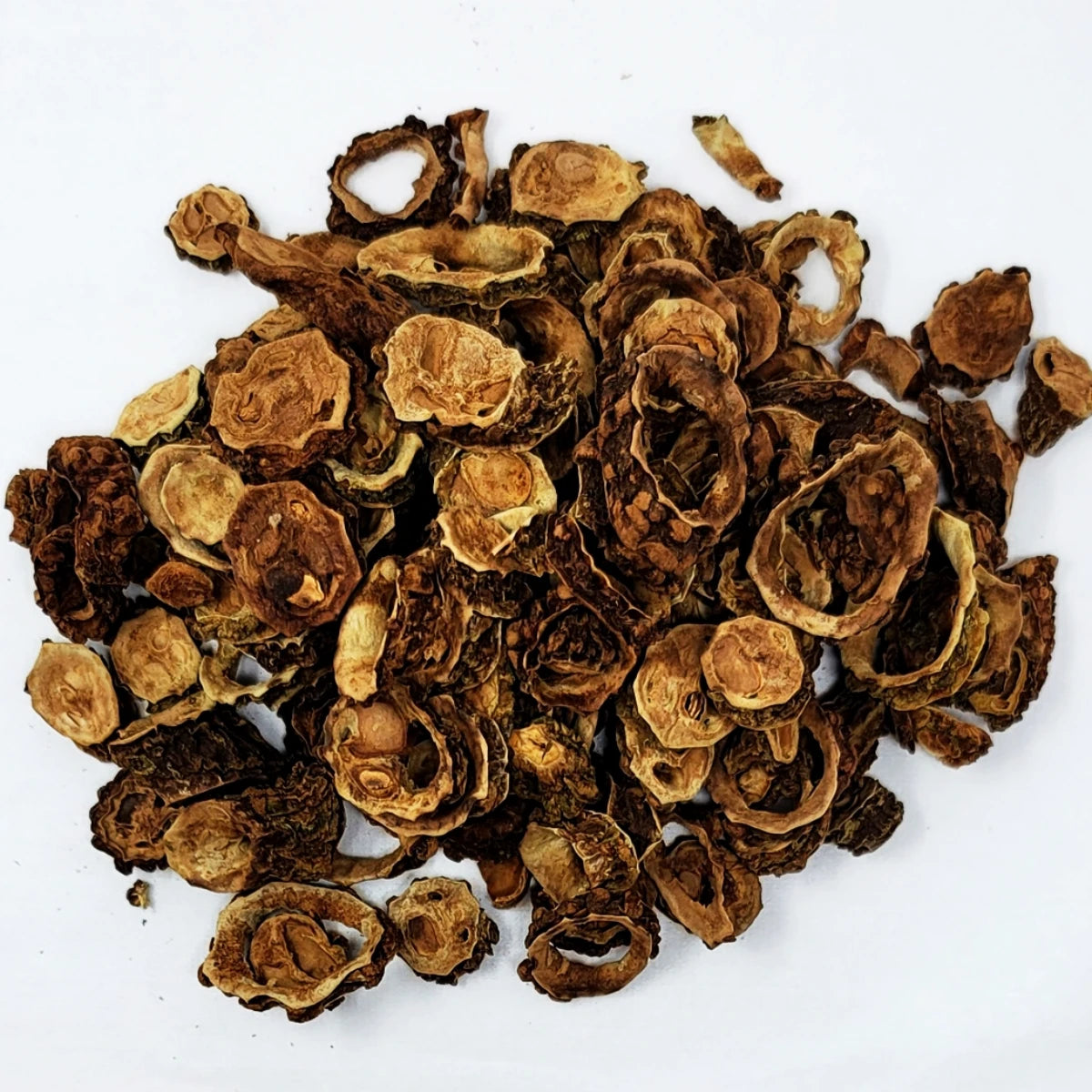 Detailed view of sliced roasted bitter melon herbs for brewing healthy Korean herbal tea