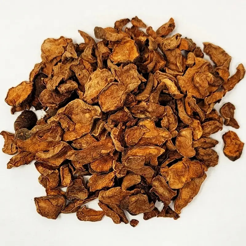 Detailed view of dried and roasted Korean Jerusalem artichoke slices, natural caffeine-free herbal tea for healthy lifestyle.