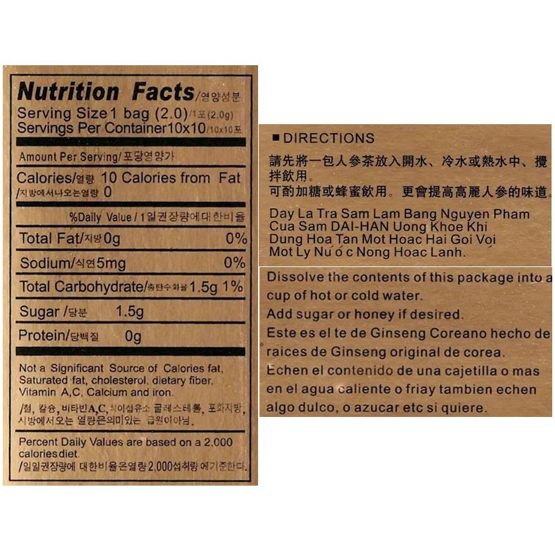 Korean ginseng tea — back label with Nutrition Facts and directions (English/Chinese/Vietnamese/Spanish)