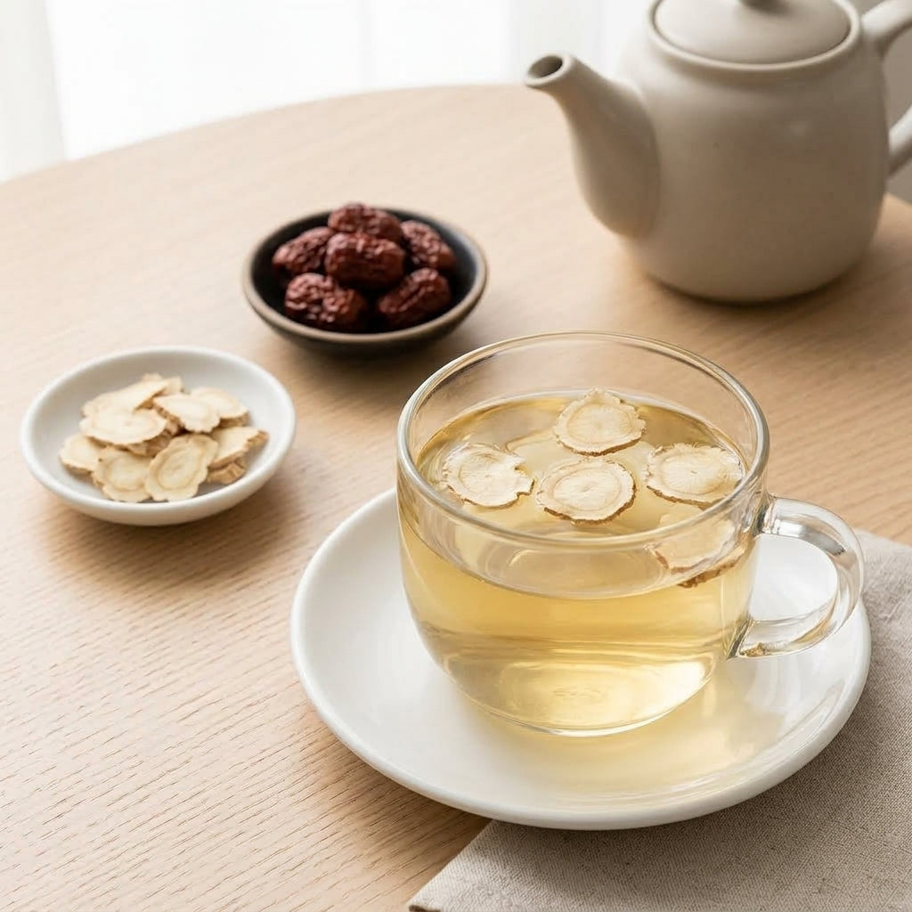 Canadian dried ginseng slices — steeped as ginseng tea in a glass cup, with dried jujubes on the side