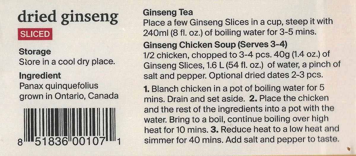 Canadian dried ginseng slices — back label with ingredient, storage, tea and chicken soup directions (English)