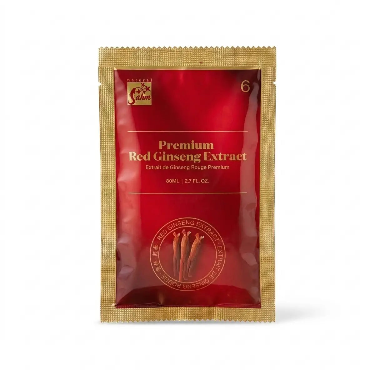 A single red pouch of Sahm Canadian Premium Red Ginseng Extract, 80ml, featuring 6-year-old Ontario ginseng with a gold-bordered design.